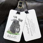Black Personalized Monogram Golf Bag ラゲッジタグ<br><div class="desc">This cute monogram golf bag or luggage tag features a stylish black watercolor golf bag filled with clubs, surrounded by a touch of green grass. The design cleverly incorporates a simple serif font initial monogram on the bag, seamlessly blending into the design. Below the monogram, the full name is elegantly...</div>