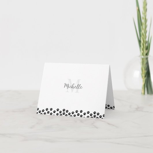 Black Pet Paw Prints Custom Monogram Cute ノートカード (正面)