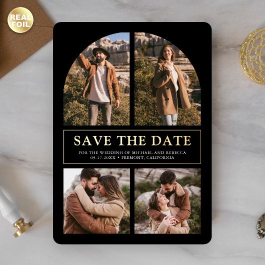 Black Photo Collage Wedding Save the Date Gold 箔招待状
