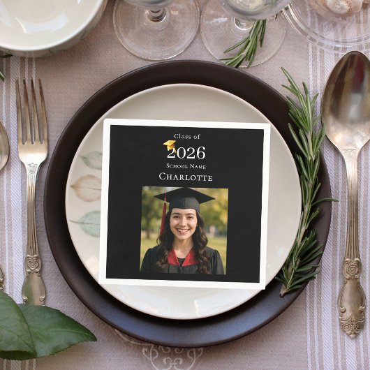 Black photo modern Graduation Party luncheon スタンダードランチョンナプキン