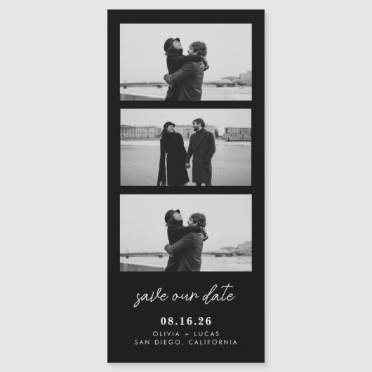 Black Photo Strip Magnetic Wedding Save The Date (正面)