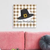 Black Pilgrim Hat on Brown Plaid - Thanksgiving キャンバスプリント (インサイチュ (リビング))
