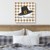 Black Pilgrim Hat on Brown Plaid - Thanksgiving キャンバスプリント (インサイチュ (寝室))