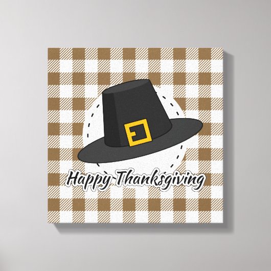 Black Pilgrim Hat on Brown Plaid - Thanksgiving キャンバスプリント (正面)