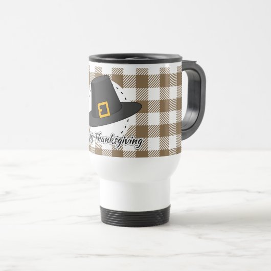 Black Pilgrim Hat on Brown Plaid - Thanksgiving トラベルマグ (正面右)