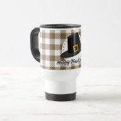 Black Pilgrim Hat on Brown Plaid - Thanksgiving トラベルマグ (正面左)