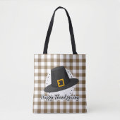Black Pilgrim Hat on Brown Plaid - Thanksgiving トートバッグ (正面)