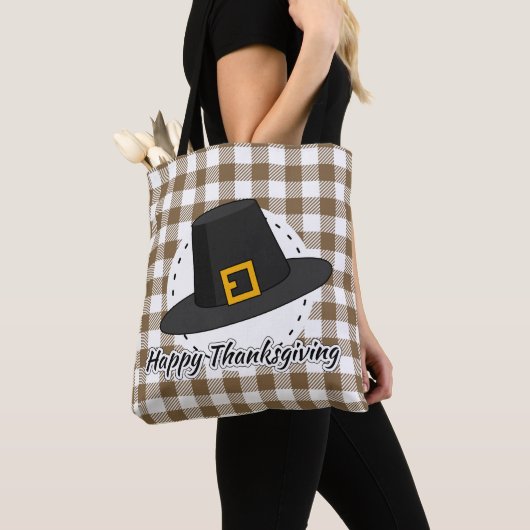 Black Pilgrim Hat on Brown Plaid - Thanksgiving トートバッグ (クローズアップ)
