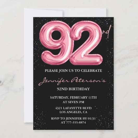 Black Pinkバルーングラムギターター 92歳の誕生日 招待状 (正面)