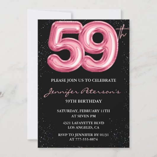 Black Pinkバルーングラムラメ 59歳の誕生日 招待状 (正面)