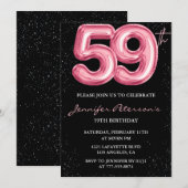 Black Pinkバルーングラムラメ 59歳の誕生日 招待状 (正面/裏面)