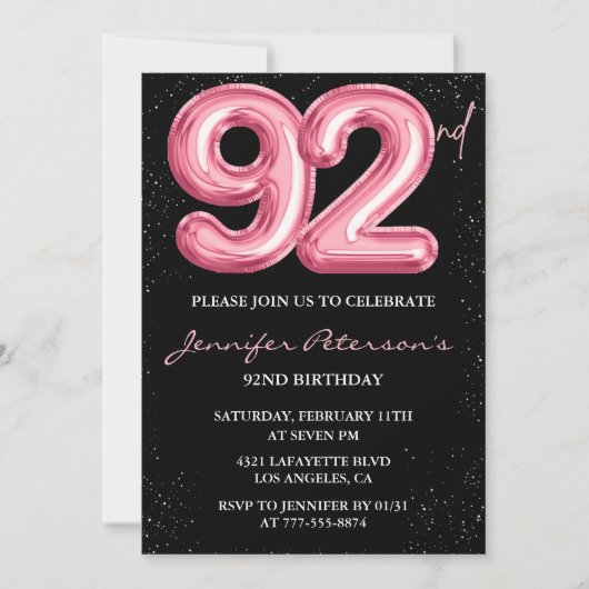 Black Pinkバルーングラム92歳の誕生日 招待状 (正面)