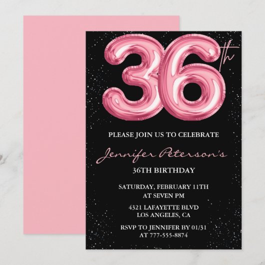 Black Pink 36歳の誕生日招待状 風船ゴージャス 招待状 (正面/裏面)