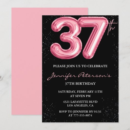 Black Pink 37歳の誕生日招待状 風船ゴージャス 招待状 (正面/裏面)