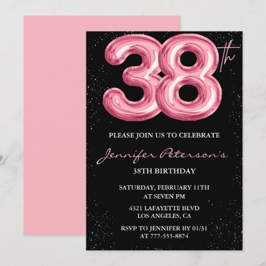 Black Pink 38歳の誕生日招待状 風船ゴージャス 招待状 (正面/裏面)