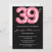 Black Pink 39歳の誕生日パーティーの招待状 風船でゴージャスに 招待状 (正面)