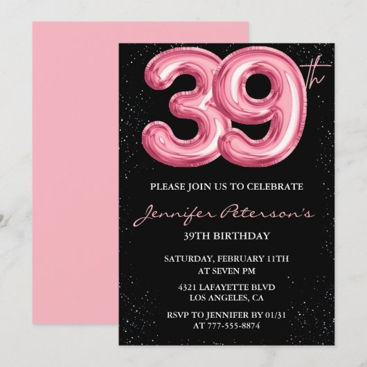 Black Pink 39歳の誕生日パーティーの招待状 風船でゴージャスに 招待状 (正面/裏面)