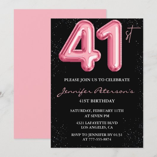 Black Pink 41歳の誕生日パーティーの招待状 風船 ゴージャス 招待状 (正面/裏面)