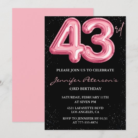 Black Pink 43歳の誕生日招待状 風船ゴージャス 招待状 (正面/裏面)
