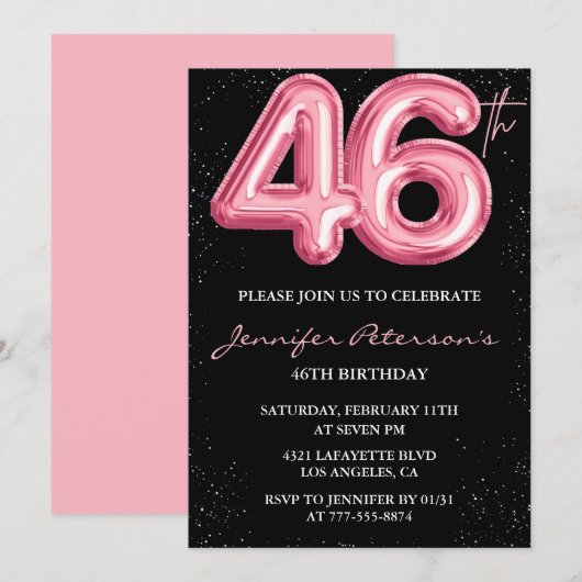 Black Pink 46歳の誕生日招待状 風船の華やかさ 招待状 (正面/裏面)