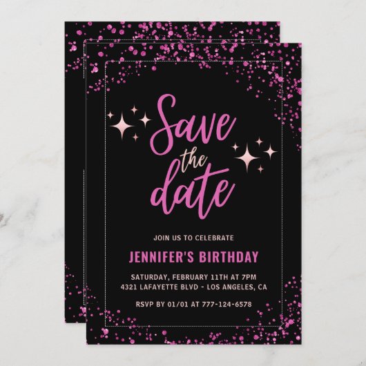 Black Pink 48th birthday invitation日付を保存 招待状 (正面/裏面)