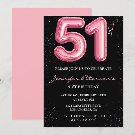 Black Pink 51歳の誕生日招待状 バルーン・グラム 招待状 (正面/裏面)