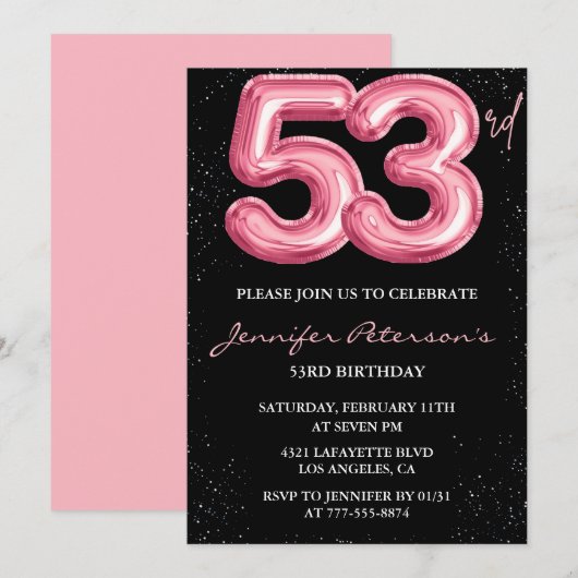 Black Pink 53歳の誕生日招待状 バルーン・グラム 招待状 (正面/裏面)