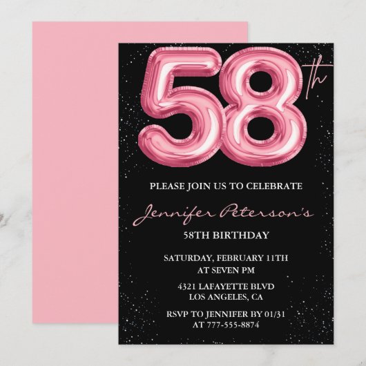 Black Pink 58歳の誕生日招待状 風船ゴージャス 招待状 (正面/裏面)