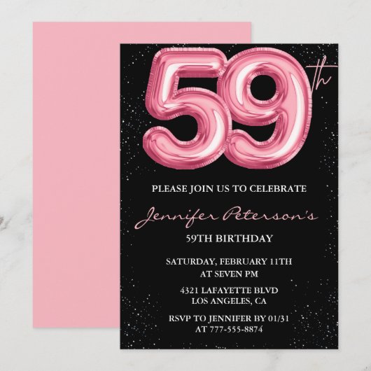 Black Pink 59歳の誕生日招待状 バルーン・グラム 招待状 (正面/裏面)