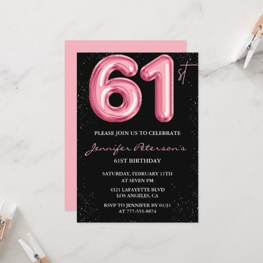Black Pink 61歳の誕生日招待状 バルーン・グラム 招待状 (正面/裏面インサイチュ)
