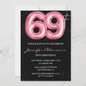 Black Pink 69歳の誕生日招待状 風船ゴージャス 招待状 (正面)