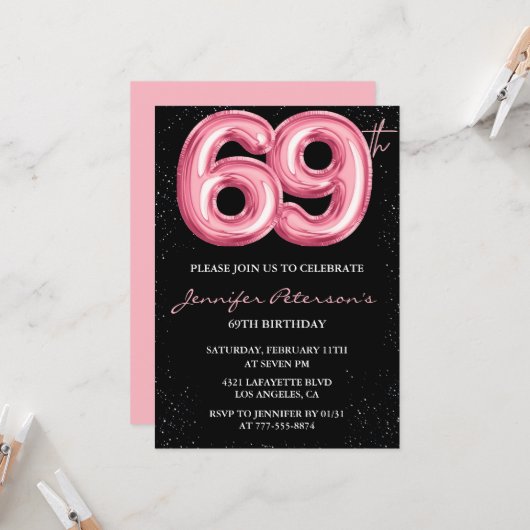 Black Pink 69歳の誕生日招待状 風船ゴージャス 招待状 (正面/裏面インサイチュ)