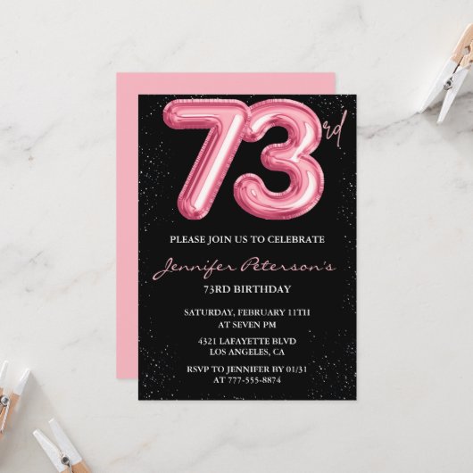 Black Pink 73歳の誕生日招待状 バルーン・グラム 招待状 (正面/裏面インサイチュ)
