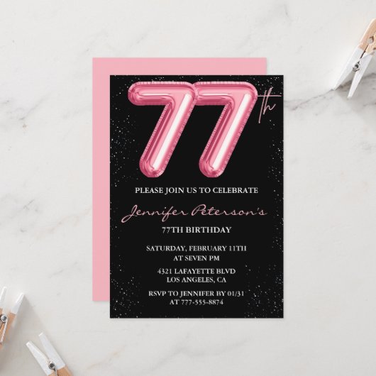 Black Pink 77歳の誕生日招待状 風船の華やかさ 招待状 (正面/裏面インサイチュ)