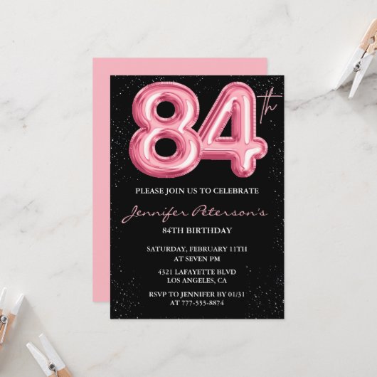 Black Pink 84歳の誕生日招待状 風船の華やかさ 招待状 (正面/裏面インサイチュ)
