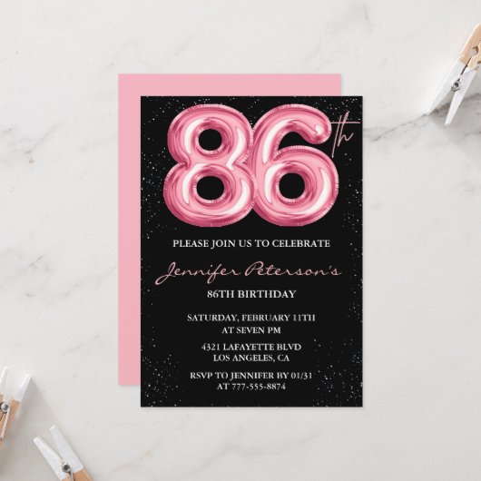 Black Pink 86歳の誕生日招待状 バルーン グラム 招待状 (正面/裏面インサイチュ)
