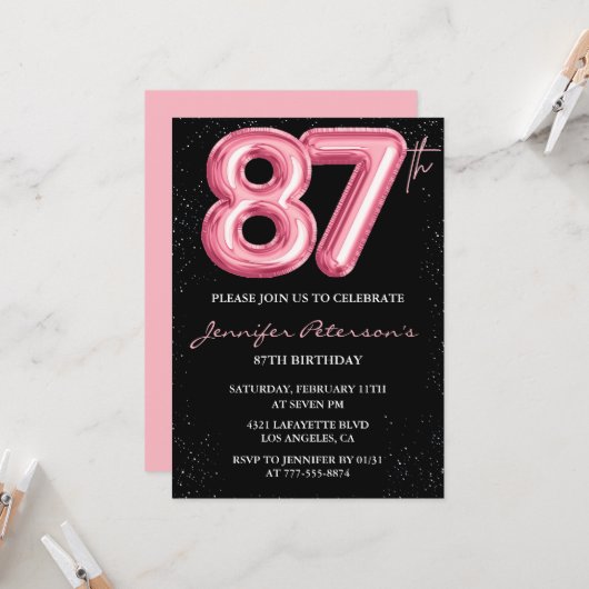 Black Pink 87歳の誕生日招待状 バルーン・グラム 招待状 (正面/裏面インサイチュ)
