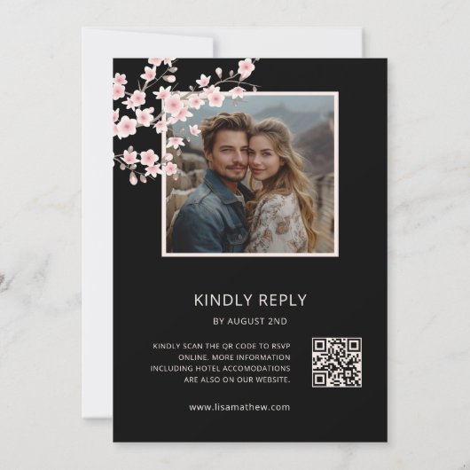 Black Pink Cherry Blossom Photo Wedding 招待状 (裏面)