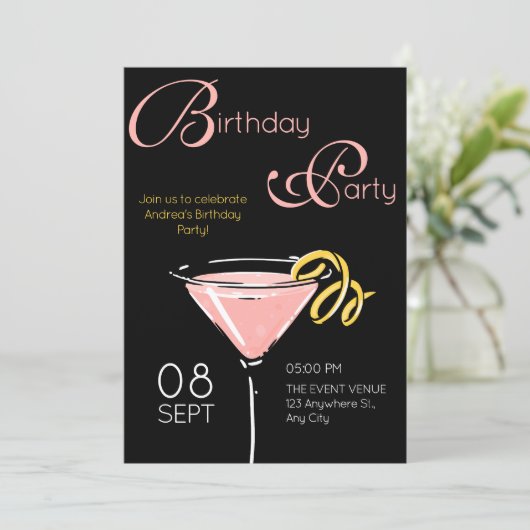 Black pink fancy cocktail birthday 招待状 (スタンド正面)