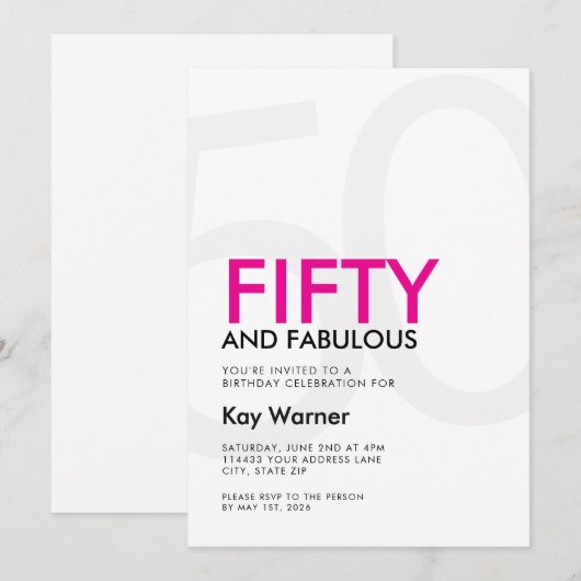 Black Pink Fifty and Fabulous 50th Birthday 招待状 (正面/裏面)