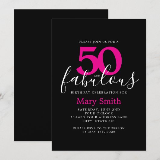 Black Pink Fifty and Fabulous 50th Birthday Party 招待状 (正面/裏面)