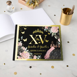 Black Pink Floral Quinceanera Quince 15 XV Twins ゲストブック
