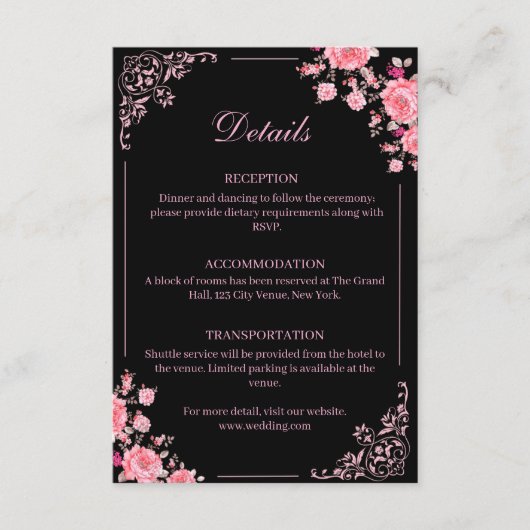 Black & Pink Floral Wedding Enclosure Card エンクロージャーカード (正面)