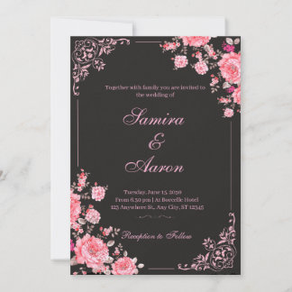Black & Pink Floral Wedding Invitation 招待状