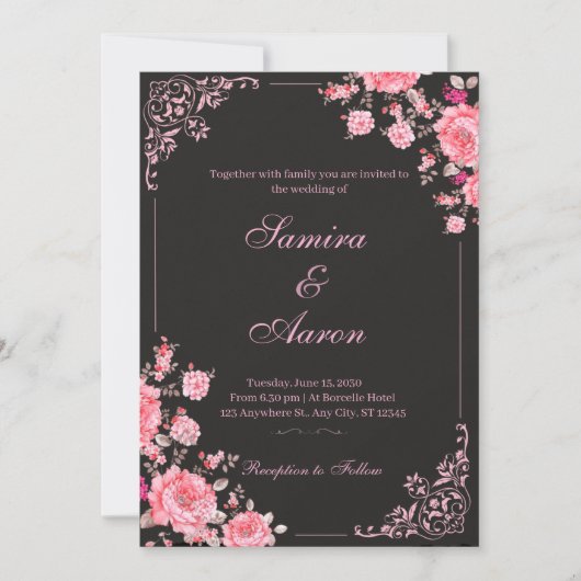 Black & Pink Floral Wedding Invitation 招待状 (正面)