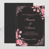 Black & Pink Floral Wedding Invitation 招待状 (正面/裏面)