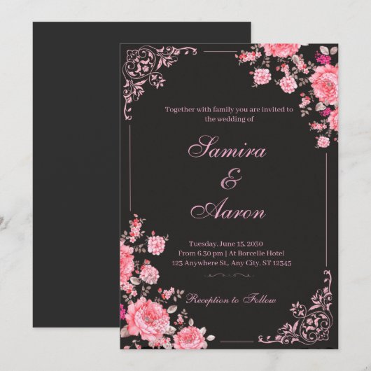 Black & Pink Floral Wedding Invitation 招待状 (正面/裏面)
