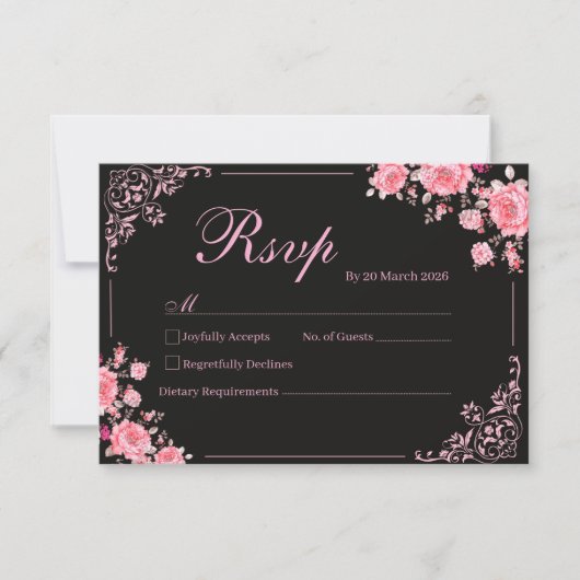 Black & Pink Floral Wedding RSVP Card (正面)