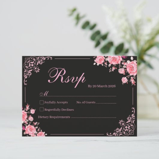 Black & Pink Floral Wedding RSVP Card (スタンド正面)
