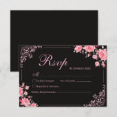 Black & Pink Floral Wedding RSVP Card (正面/裏面)